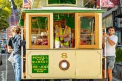 San Francisco, USA - May 20, 2022: historic  Cable Car Powell Hyde Line on turntable at Powell Street terminal at Market Street in downtown San Francisco, California CA, USA.