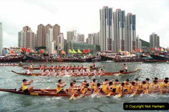 Hong Kong rowing teams compete in one of many Dragon Boat races held around Hong Kong Saturday, May 30. 1998 to mark the Dragon Boat Festival. The annual festival commemorates Chinese poet-statesman Chu Yuan, who according to legend drowned himself in the Milo River in central Hunana province some 2,000 years ago, to protest government corruption. (AP Photo/Anat Givon)
