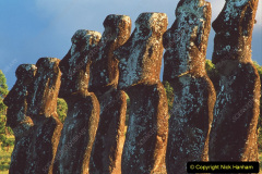 ^BEaster Island statues. ^bRow of megalithic ^Imoai^i statues on Easter Island (^IRapa Nui^i) in the South Pacific. The statues top an ^Iahu^i (burial platform). This is Ahu Akivi. These megaliths were carved from volcanic rock by the islanders from 400-1500 AD. Around 1000 statues were carved, with about 100 of these re-erected by archaeologists. They are 3-12 metres tall and weigh up to 85 tonnes. Carving and erection ceased with the total deforestation of the island, partly to provide rollers and levers to erect the statues. This led to soil erosion, starvation, civil war and eventually to the total collapse of the island's culture and ecosystem.