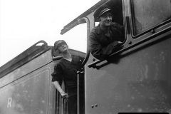 December 1926:  Two women driving a steam engine in Britain during the General Strike.  (Photo by Fox Photos/Getty Images)