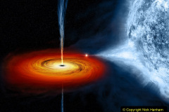 On the left, an optical image from the Digitized Sky Survey shows Cygnus X-1, outlined in a red box.  Cygnus X-1 is located near large active regions of star formation in the Milky Way, as seen in this image that spans some 700 light years across. An artist's illustration on the right depicts what astronomers think is happening within the Cygnus X-1 system.  Cygnus X-1 is a so-called stellar-mass black hole, a class of black holes that comes from the collapse of a massive star.  New studies with data from Chandra and several other telescopes have determined the black hole's spin, mass, and distance with unprecedented accuracy.