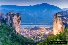 Beautiful night scene over the mountain and Holy Trinity monastery in Meteora place,  Greece, Europe