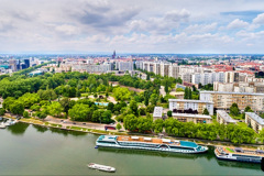 Aerial panorama of Strasbourg city center with a river - France, Bas-Rhin