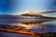 Mount Fuji reflected in Lake Yamanaka at dawn, Japan.