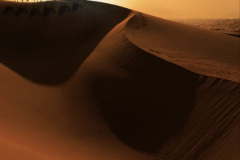 Arab man leading a camels caravan at sunset on a giant sand dune in the Empty Quarter desert of Abu Dhabi